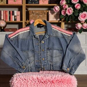 Fashion Nova Cropped Blue Jean Jacket with Pink Stripes